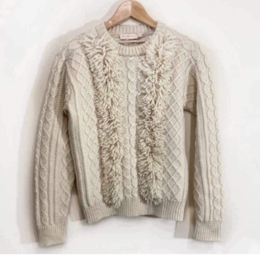 Tory Burch Fringe Pom Pom Crewneck Sweater Size XS Cream - Picture 2 of 14